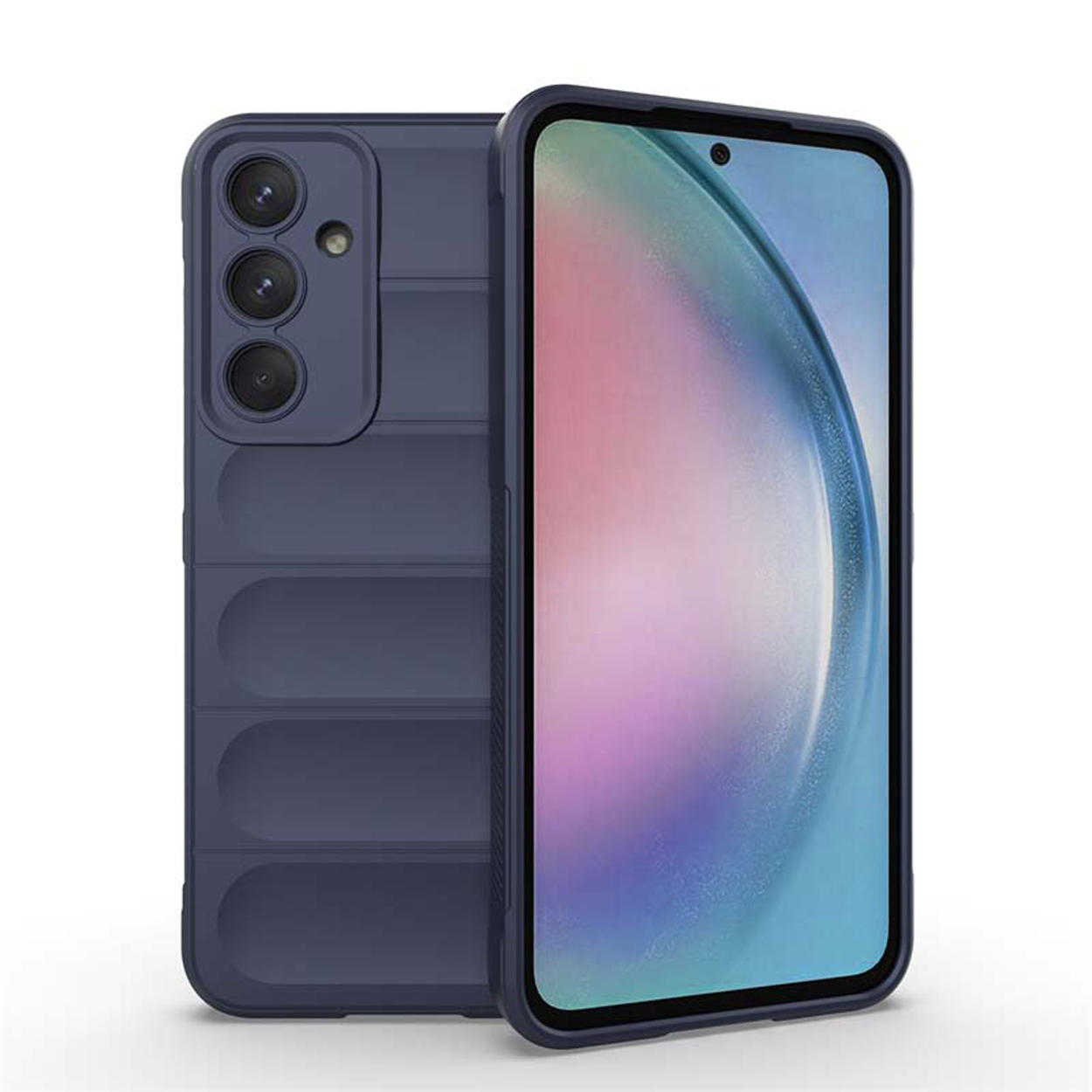 Marineblauwe telefoon met hoesje op wit. De hoes heeft een textuur aan de achterkant en drie cameralenzen.