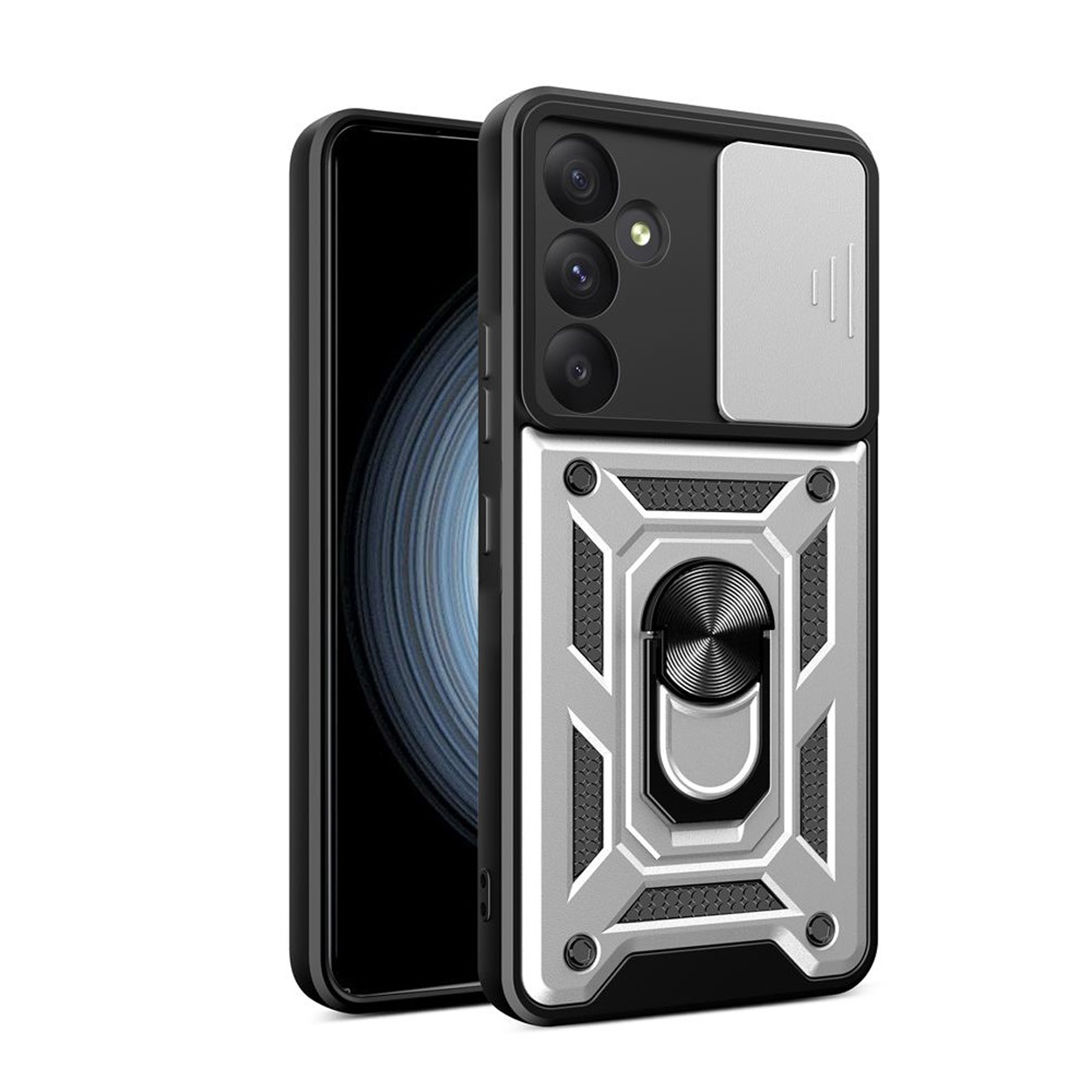 Een zilveren telefoonhoes met een zwarte telefoon erin, met een ringstandaard.
