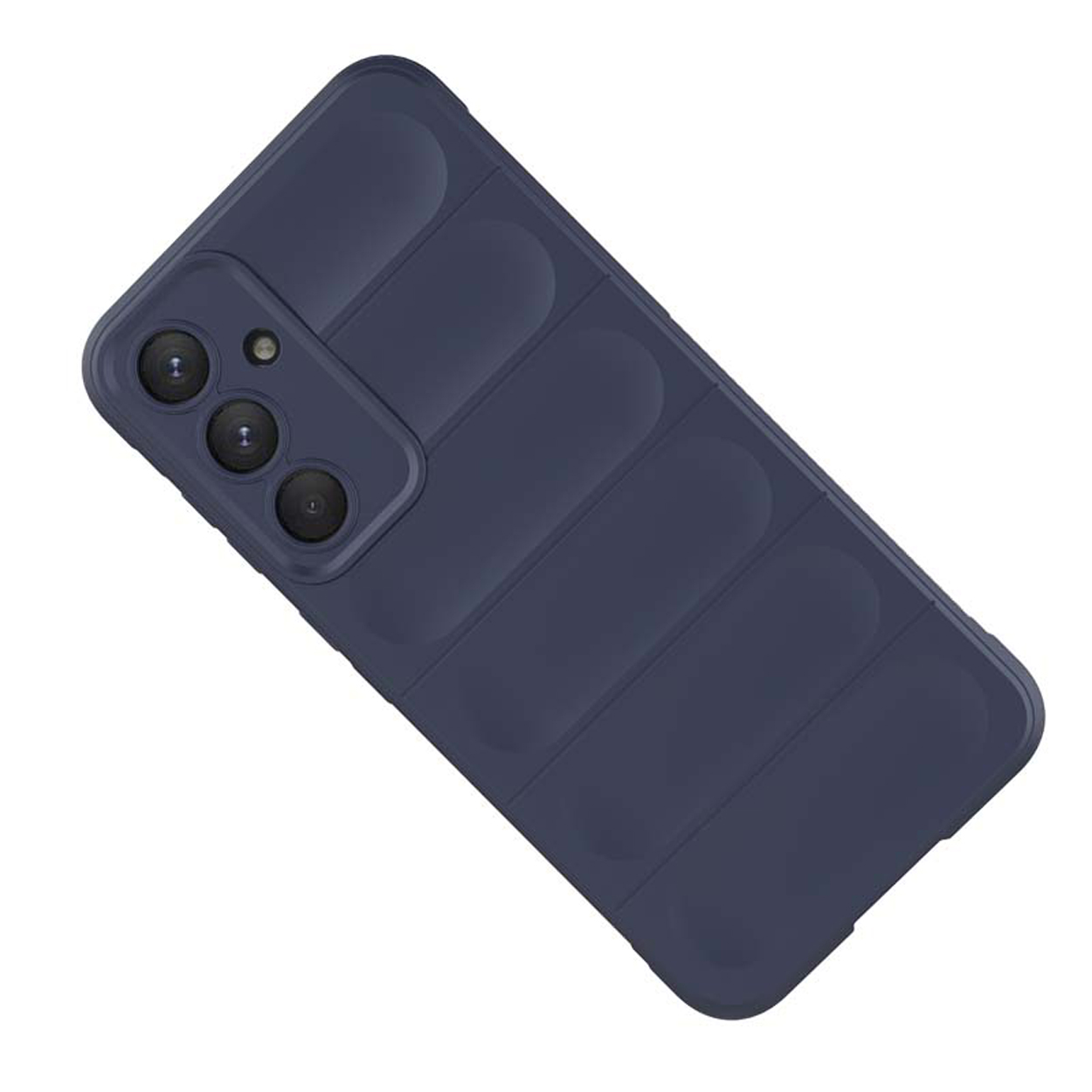 Donkerblauwe telefoonhoes met drie cameralenzen, op een witte achtergrond. De hoes is gesloten.