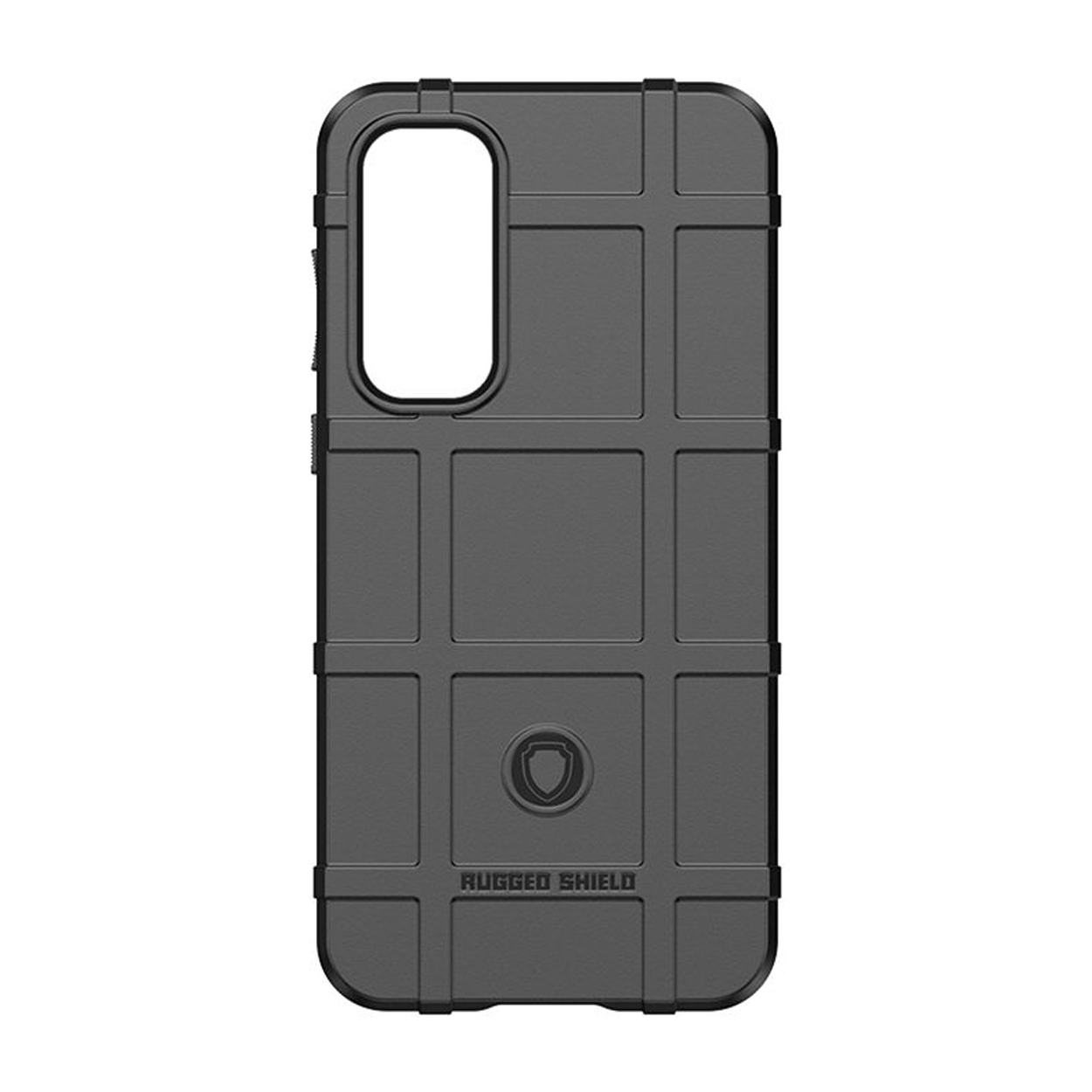 Coque de téléphone noire robuste avec motif quadrillé texturé, sur fond blanc.
