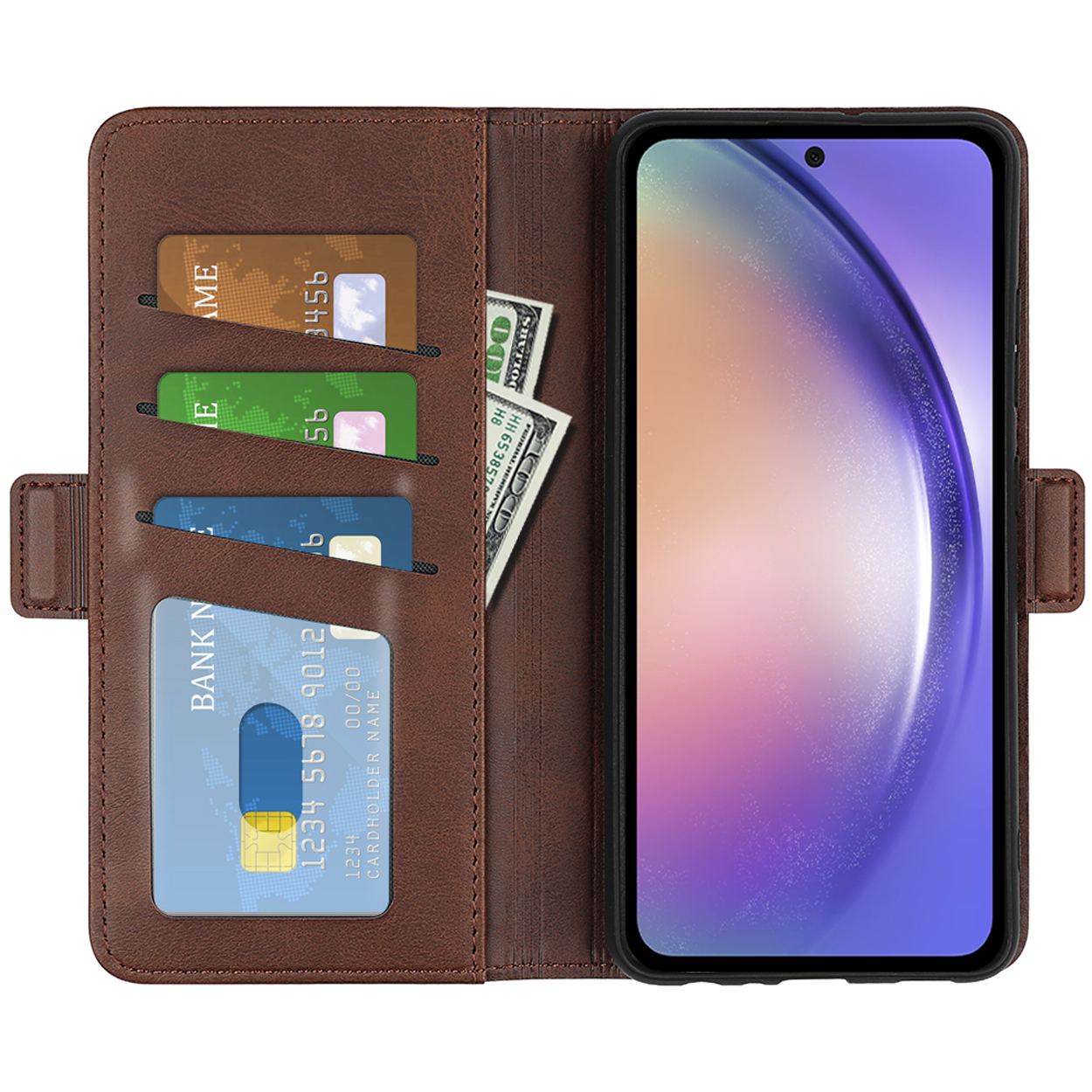 Een bruine telefoonhoes met een telefoon, kaarten, geld, open om het scherm te laten zien.
