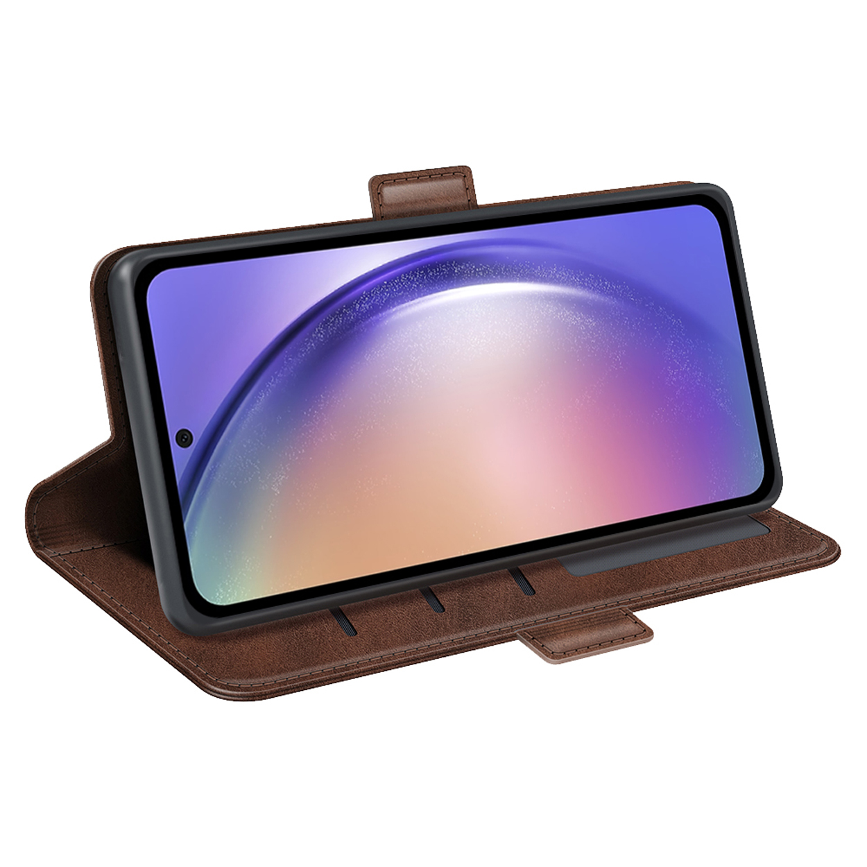 Bruine leren telefoonhoes, opengeklapt om een telefoon met een wazige afbeelding te tonen.