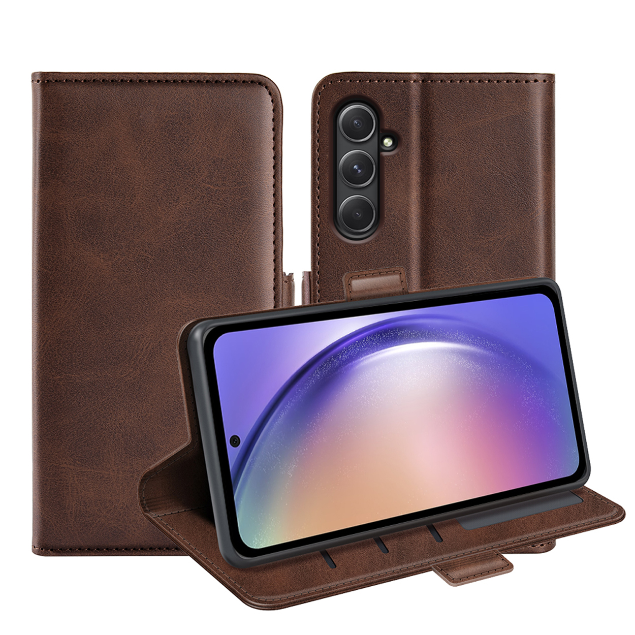 Bruin lederen telefoonhoes, open. Een telefoon toont een afbeelding. Achtergrond heeft een telefoon met cameralenzen.