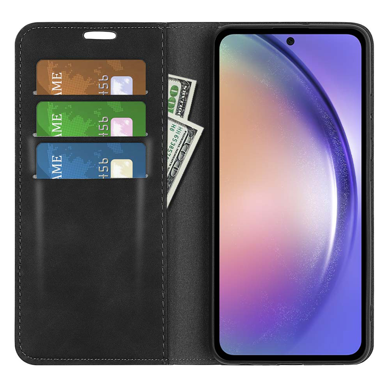 Zwarte telefoonhoes met kaarten en geld. Telefoon open weergegeven met een scherm met een blauwe achtergrond.