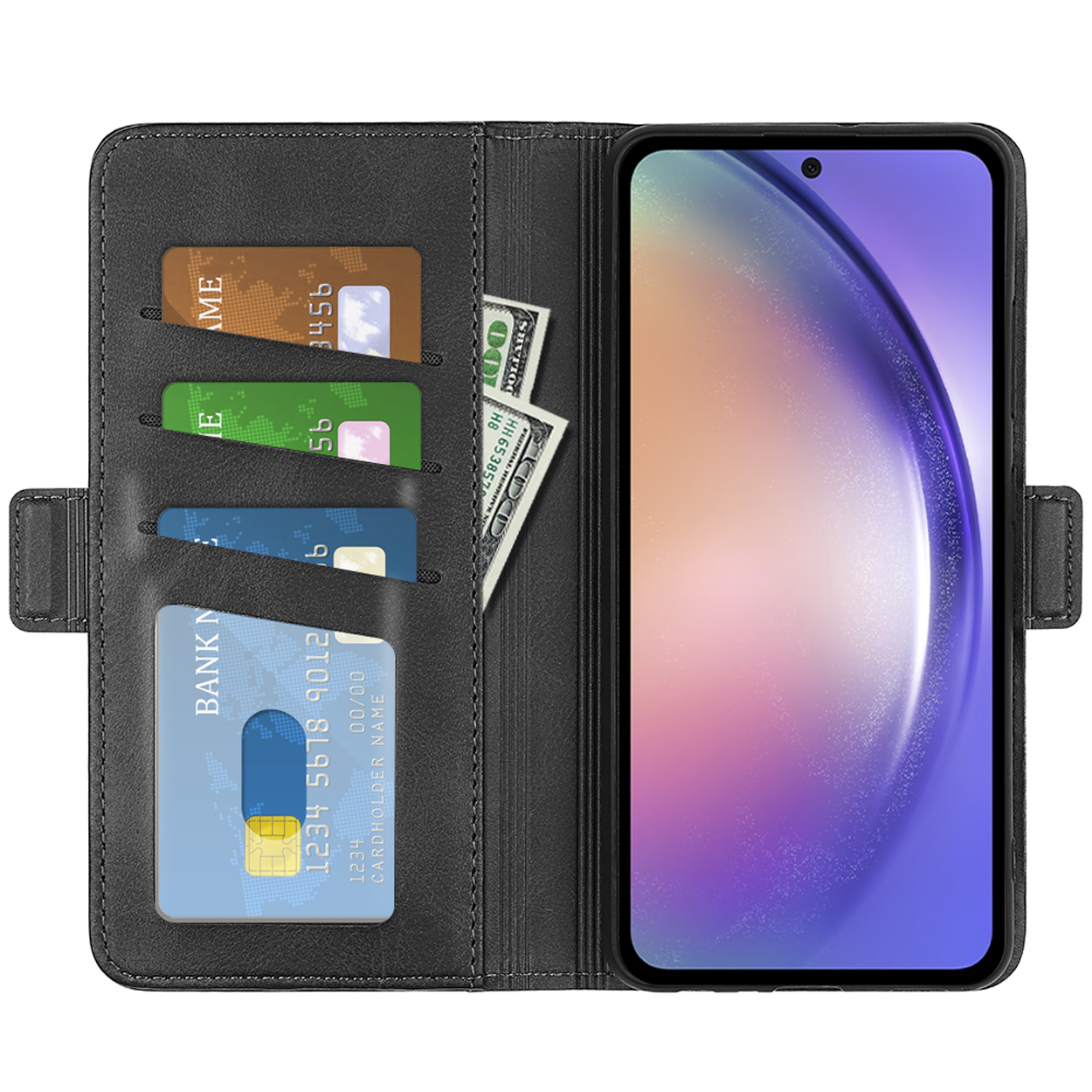 Open telefoonhoes met kaarten, geld en een telefoon erin.