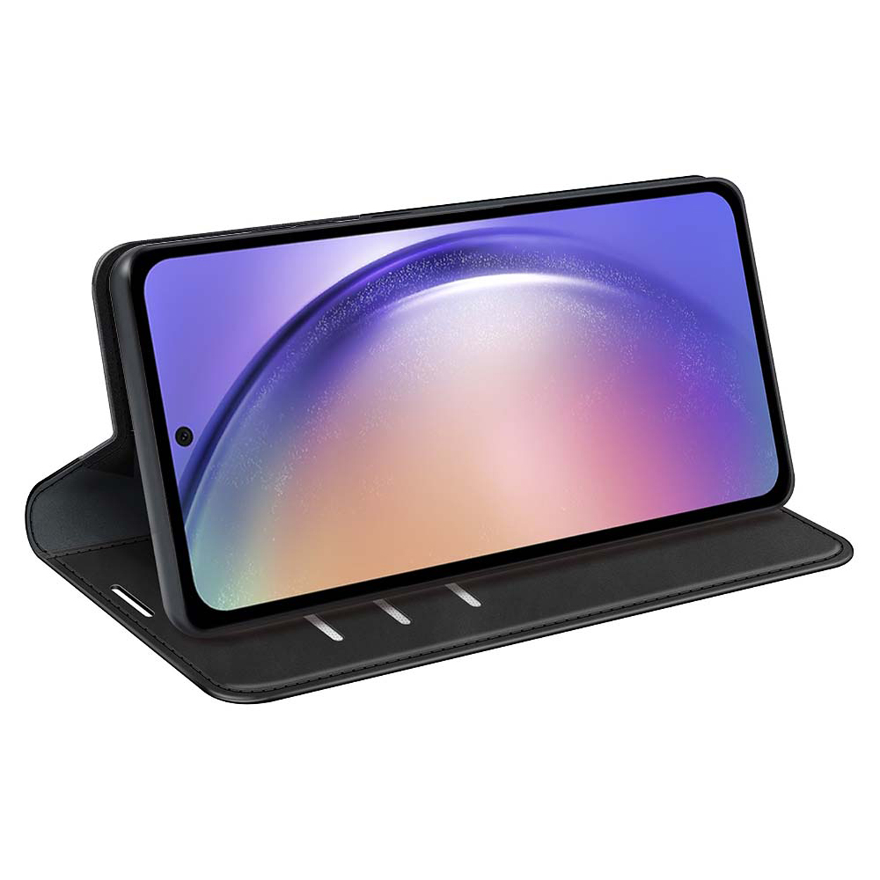 Smartphone in een zwarte hoes, open, met een kleurrijk scherm, op een witte achtergrond.