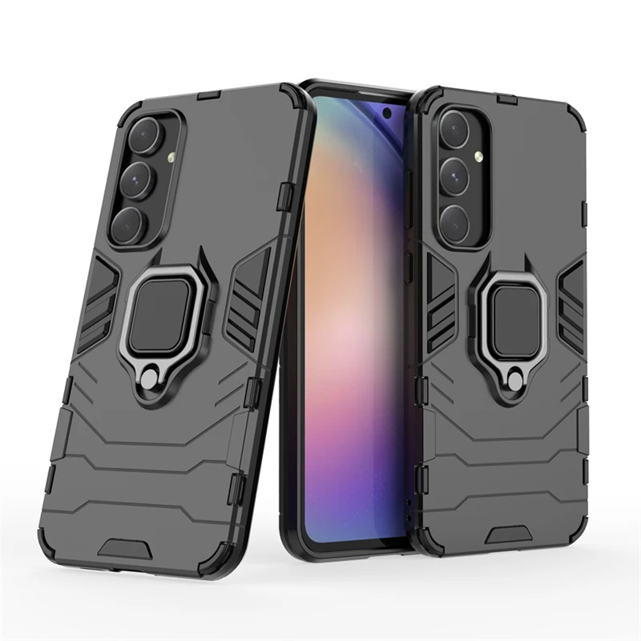 Coque de téléphone gris foncé. Le téléphone est à l'intérieur. A un anneau au dos.