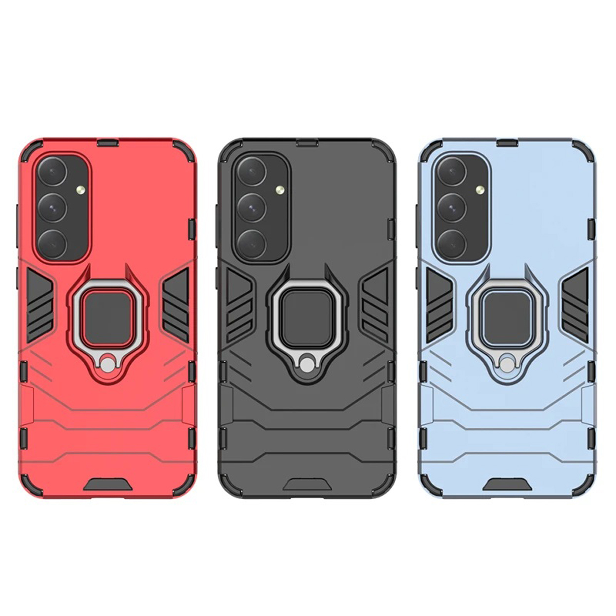 Trois coques de téléphone : rouge, noire et bleue. Elles ont un support, avec une découpe pour la caméra.