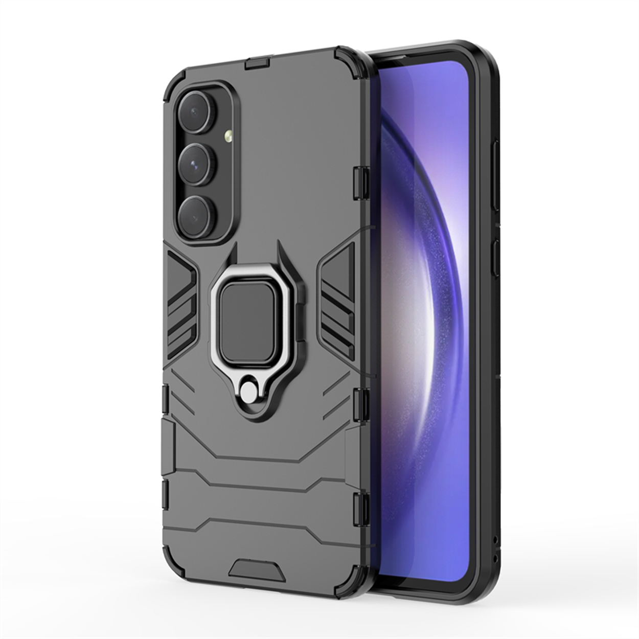Étui de téléphone gris avec trois lentilles de caméra et un support de bague, à côté d'un téléphone.
