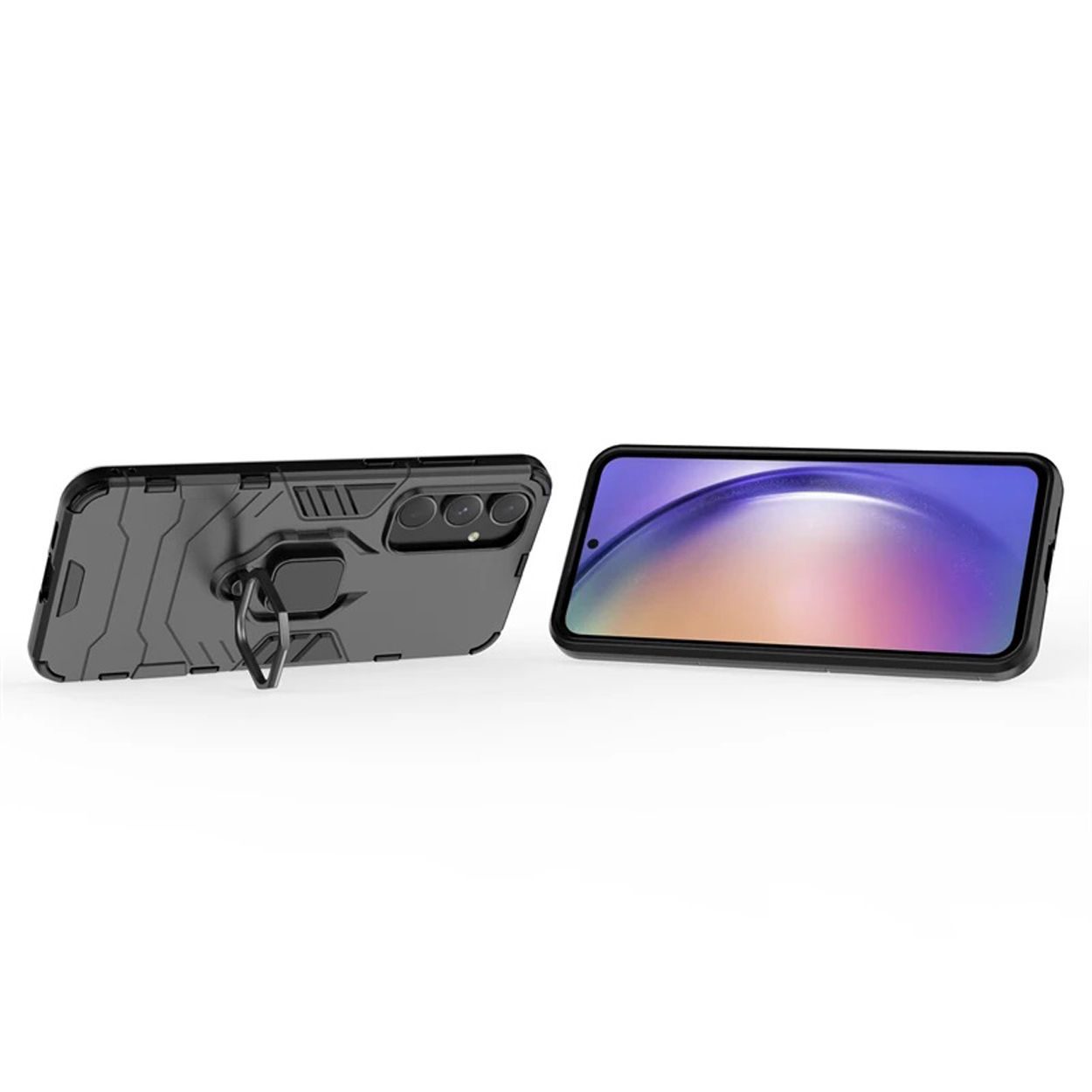 Coque de téléphone noire avec support d'anneau. L'écran du téléphone est visible. Fond blanc.