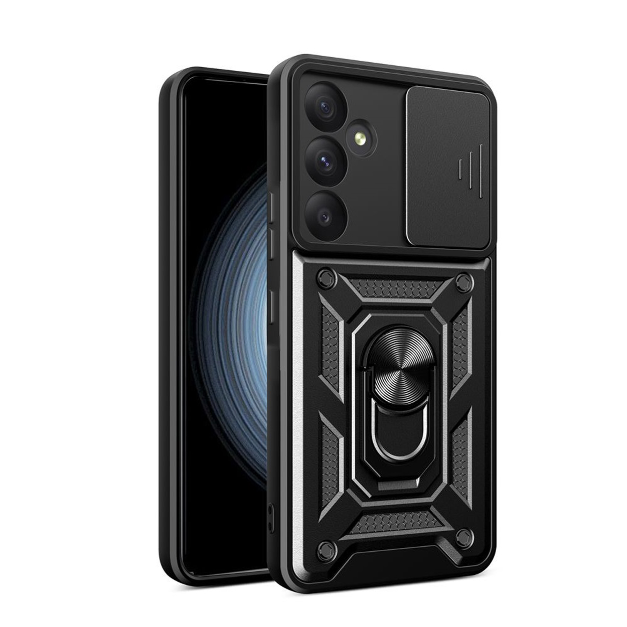 Een zwarte telefoonhoes met een telefoon erin, met een ringstandaard.
