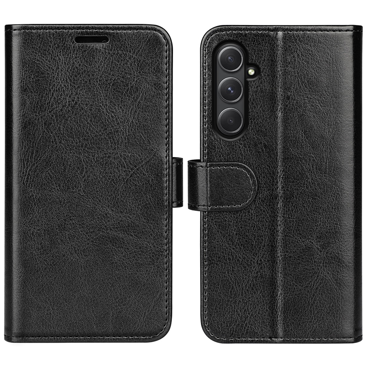 Zwarte leren telefoonhoes, open, met een telefoon erin, met sleuven voor kaarten en telefoon.