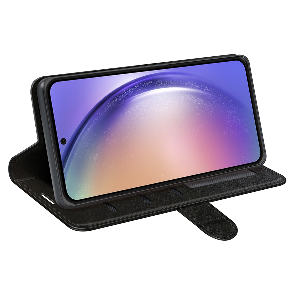 Een telefoon in een zwarte telefoonhoes. De hoes is open en het scherm is zichtbaar.