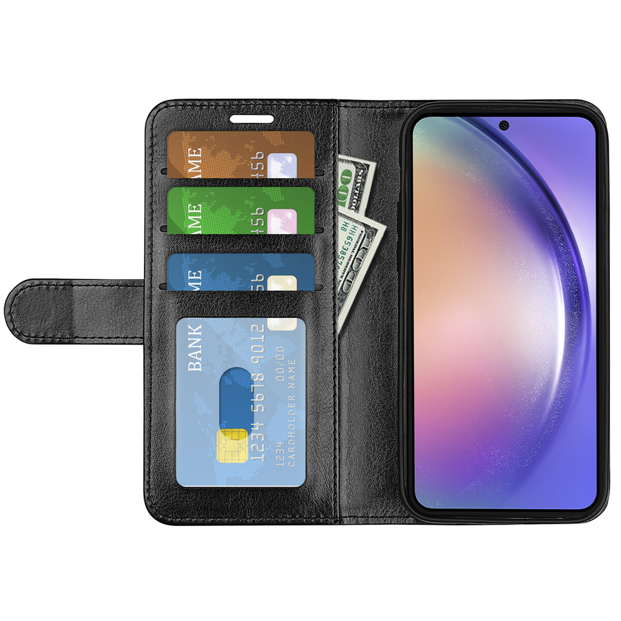 Zwarte telefoonhoes open, met kaarten, geld en een telefoon.