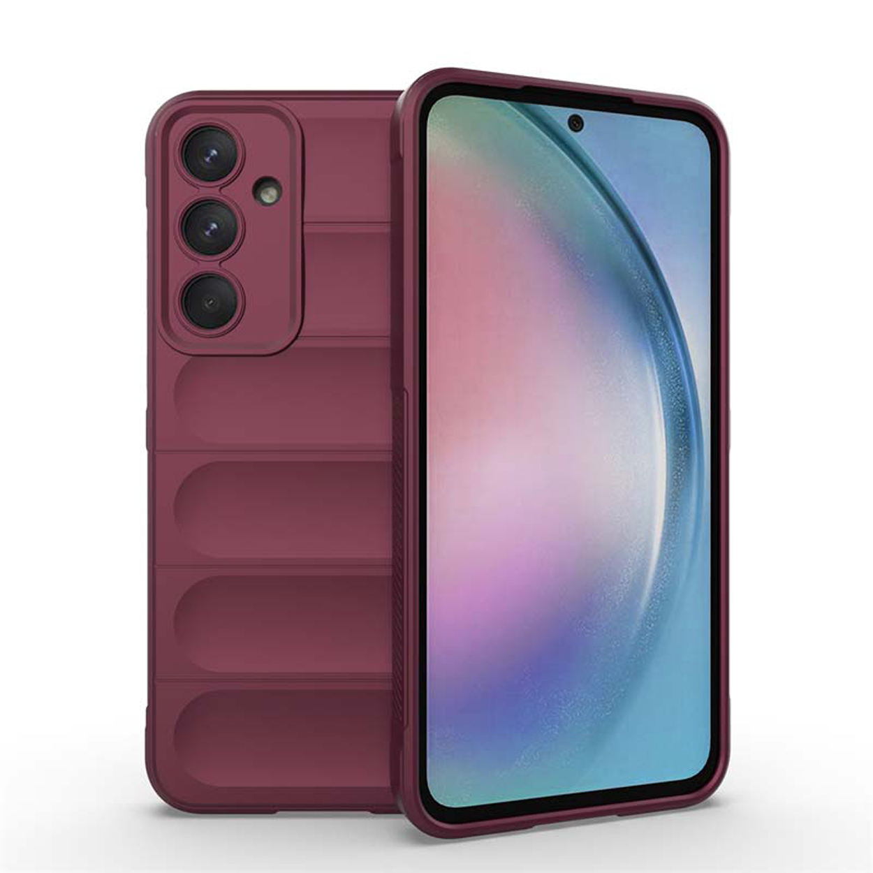 Coque de téléphone bordeaux avec un design nervuré à l'arrière, avec téléphone inséré.