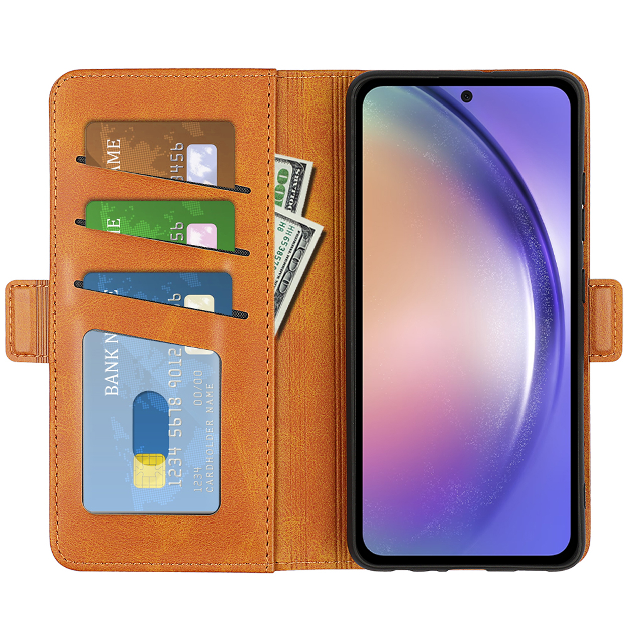 Leather phone case with credit card slots and cash, holding a smartphone, open view.