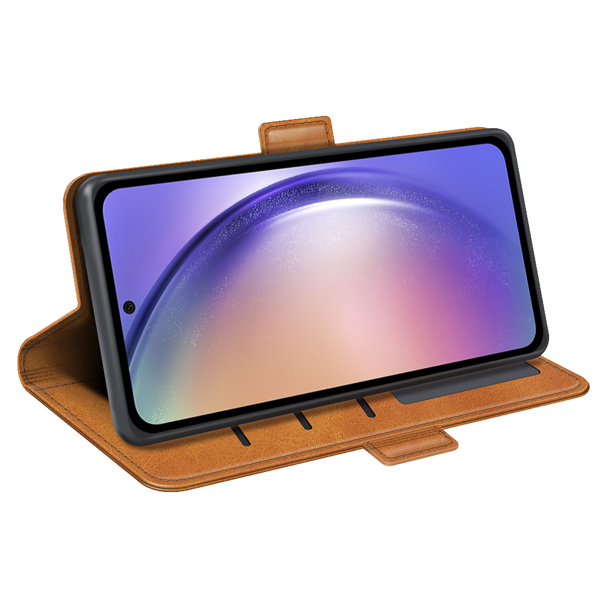 Brown phone case with phone inside, open and showing the screen.