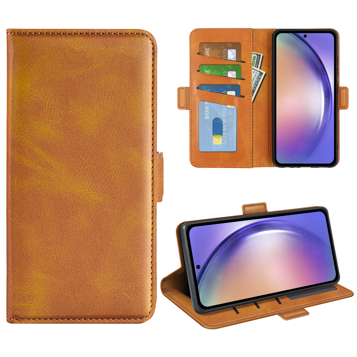 Brown leather phone case with cards and money. Phone displayed open and closed.