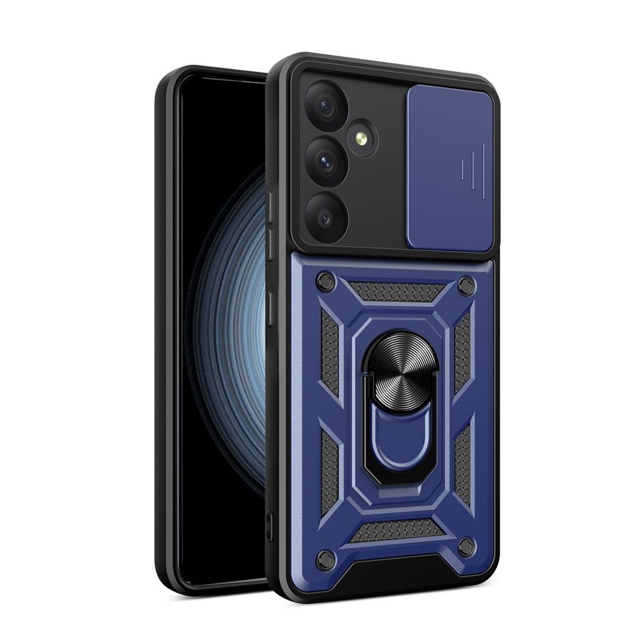 Een blauwe telefoonhoes met een telefoon erin, met een ringstandaard.