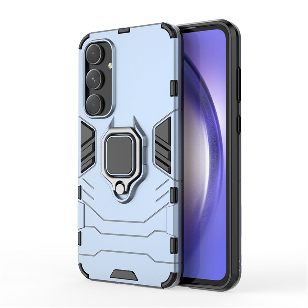 Coque de téléphone, bleu clair, avec un téléphone et un support d'anneau.