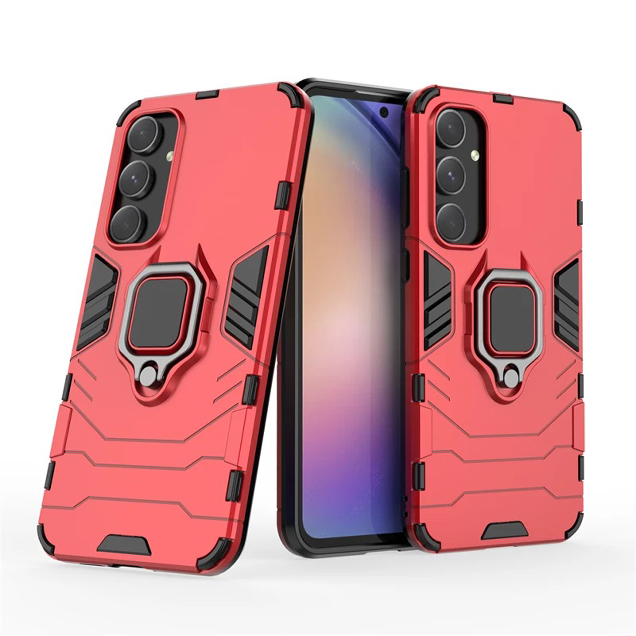 Coque de téléphone rouge. Le téléphone est à l'intérieur. A un anneau à l'arrière.