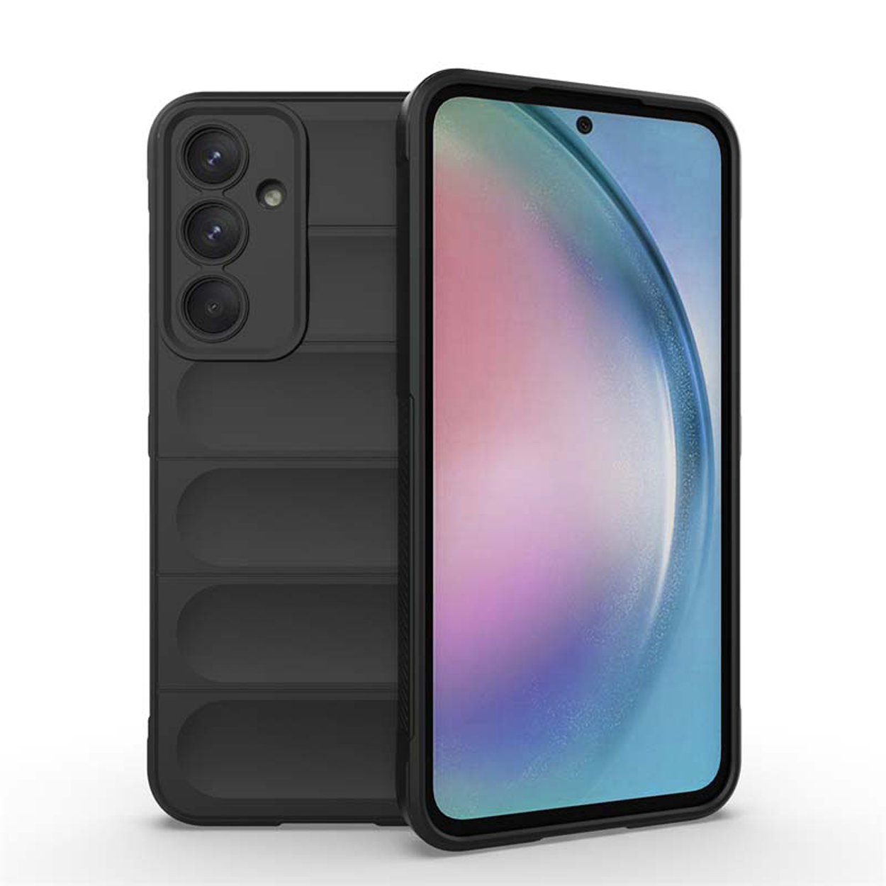 Zwarte telefoonhoes met richels. De telefoon zit erin, met de camera zichtbaar.
