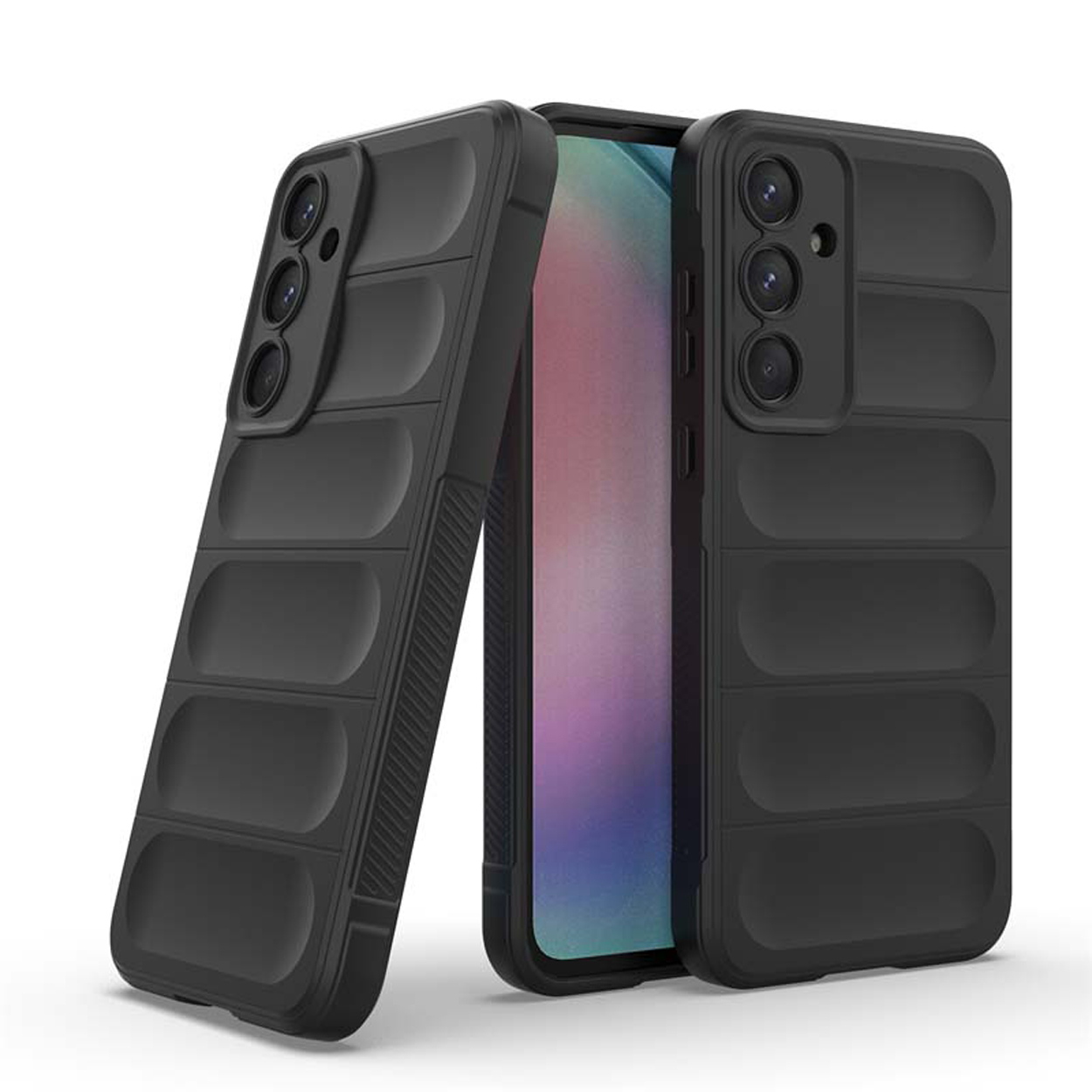 Zwarte telefoonhoes met een verhoogd, gestructureerd ontwerp, met een telefoon erin en een zijaanzicht.