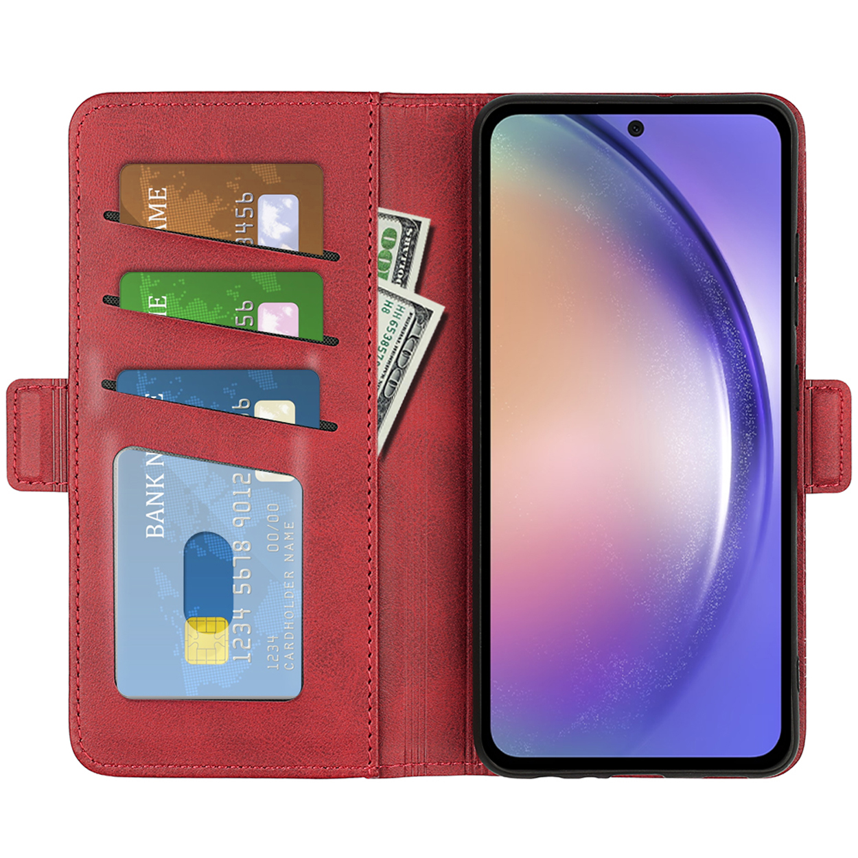 Een rode leren telefoonhoes, open, met een telefoon met creditcardvakken en contant geld.
