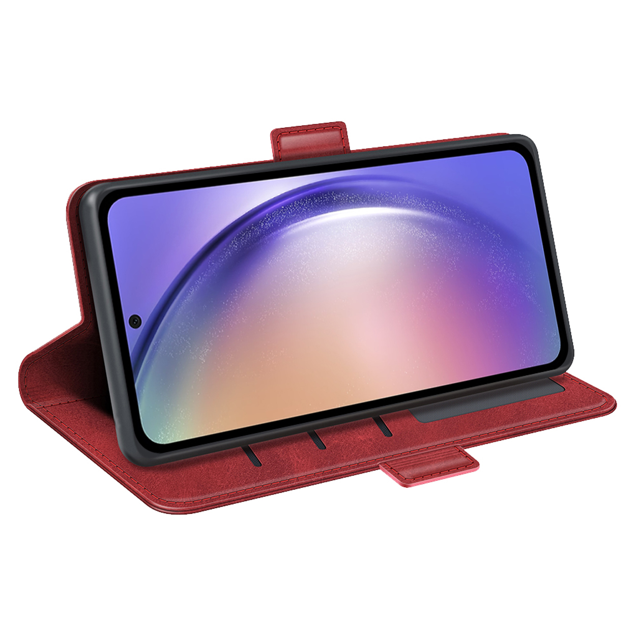 Rode leren telefoonhoes, opengeklapt om een telefoon met een wazige afbeelding te tonen.