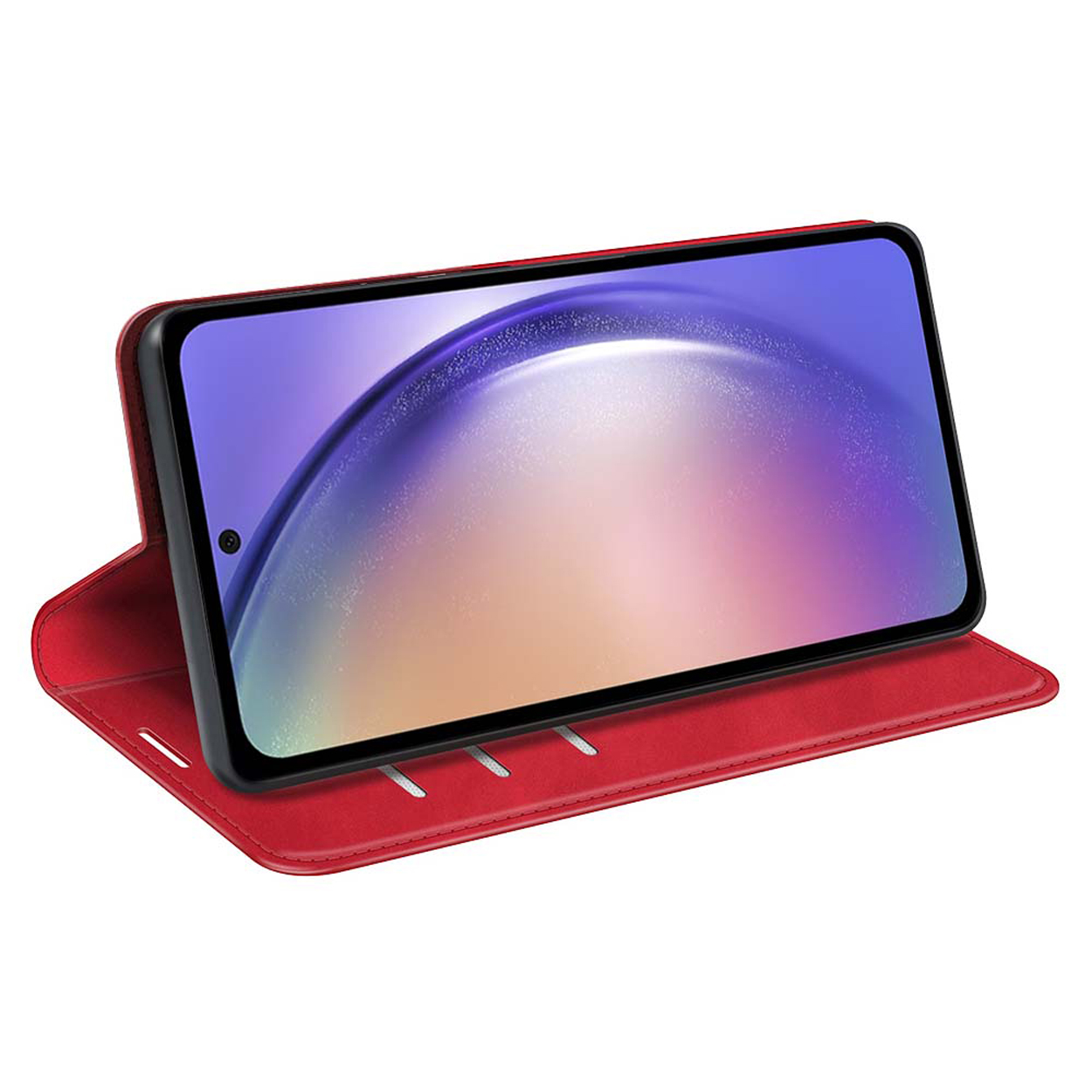 Étui de téléphone rouge ouvert, avec un téléphone affichant une image. L'étui supporte le téléphone. Fond blanc.