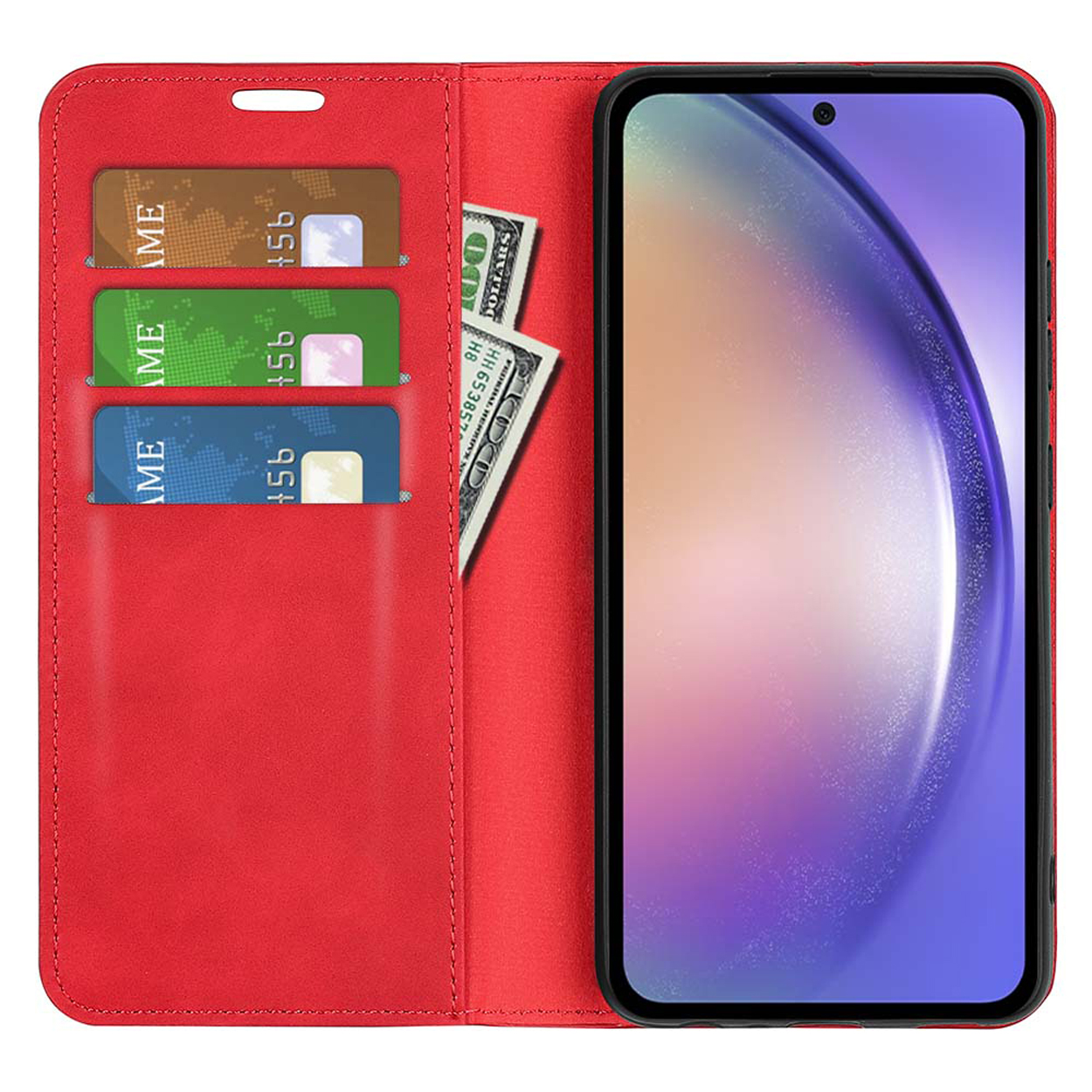 Coque de téléphone rouge avec cartes et argent, montrant un écran de téléphone.