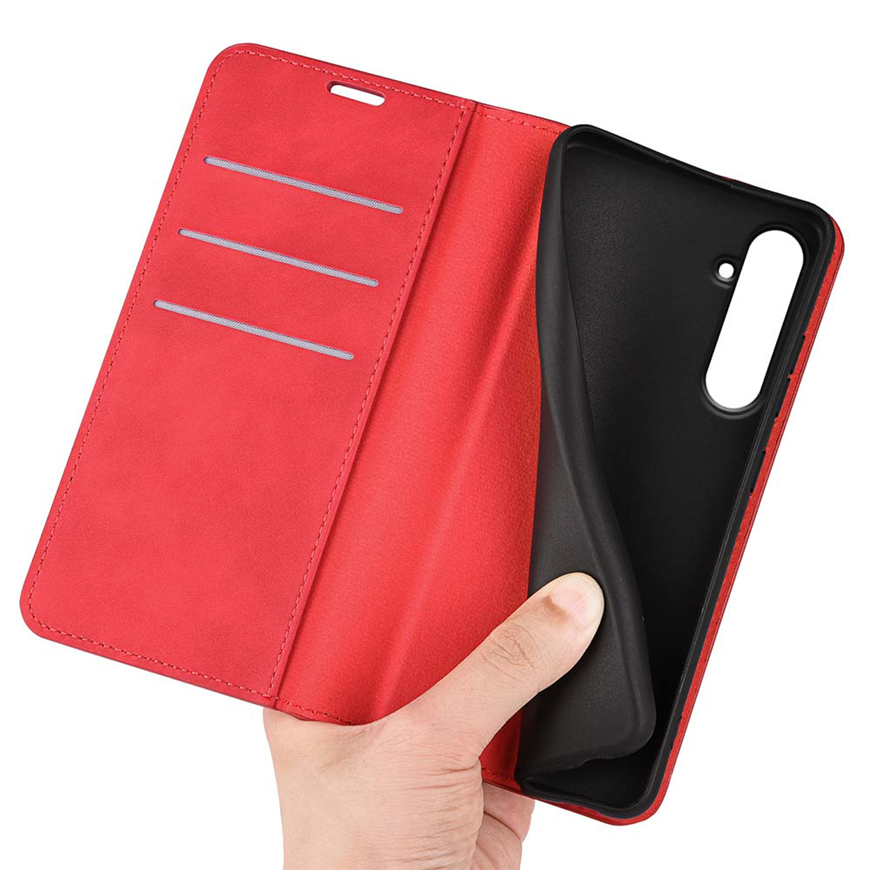 Un étui de téléphone rouge, ouvert, montrant un téléphone à l'intérieur.