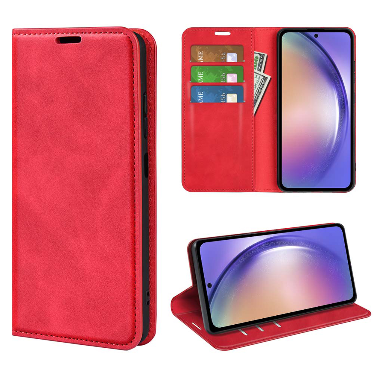Coque de téléphone rouge avec cartes et argent. Téléphone affiché ouvert et fermé. Le téléphone a un écran.
