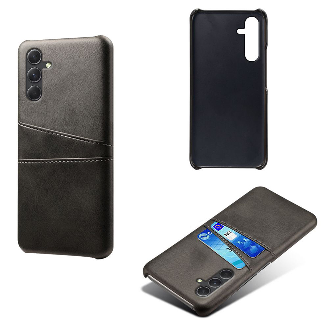 Étui de téléphone en cuir gris foncé, deux emplacements pour cartes, le téléphone inséré et un autre étui.