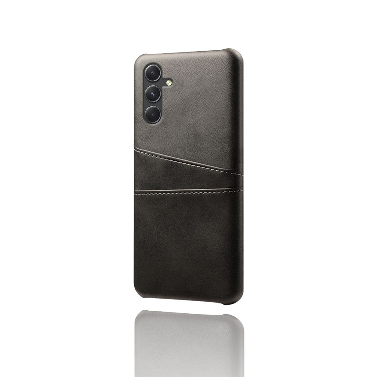 Coque de téléphone gris foncé avec fente pour carte, sur fond blanc.