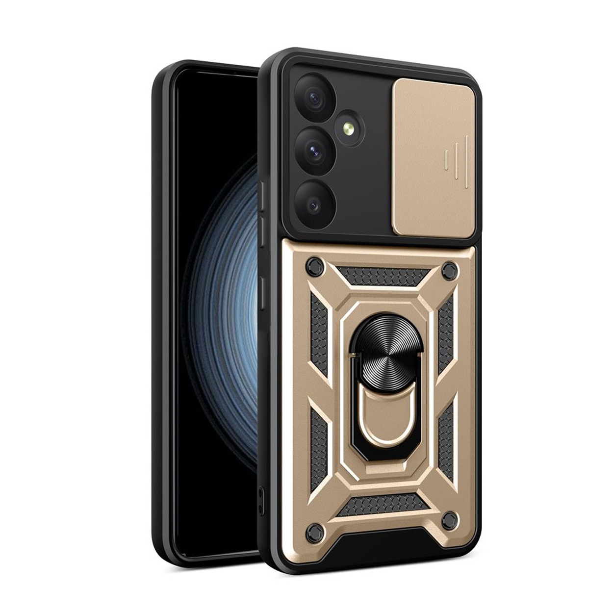 Zwarte en gouden telefoonhoes met ringhouder. Telefoon binnenin. Witte achtergrond.