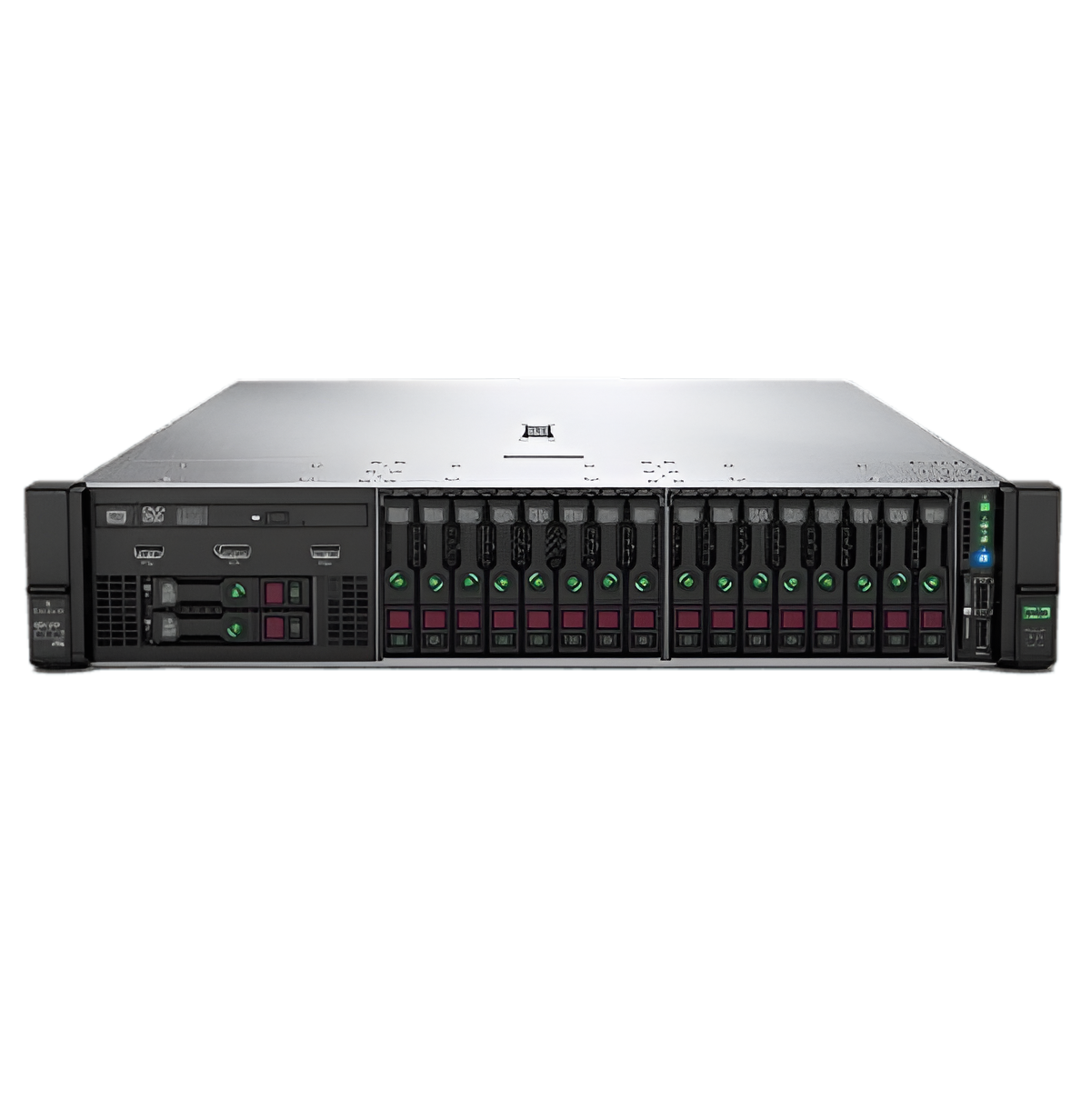 Rack server, un dispositivo grande e rettangolare con più vani e porte. Di colore argento.
