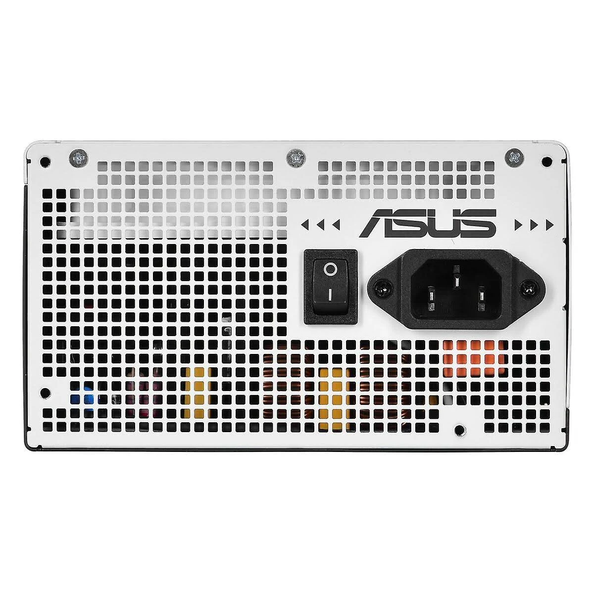 Widok z tyłu białego zasilacza z czarnym włącznikiem i wtyczką. Widoczne logo ASUS.