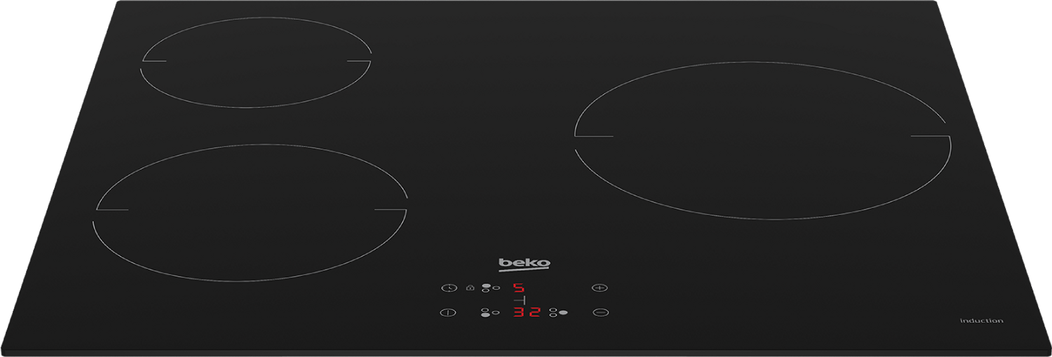 Una placa de inducción negra con tres elementos calefactores circulares y controles táctiles, el logotipo de la marca Beko es visible.