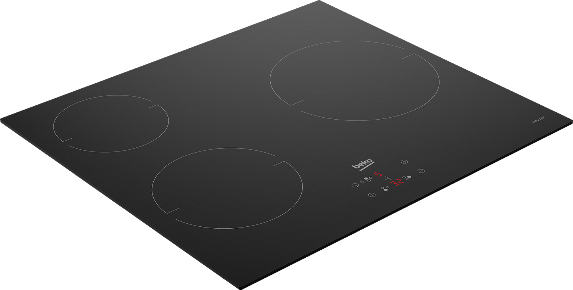 Placa de inducción negra con tres zonas de cocción circulares y pantalla digital.