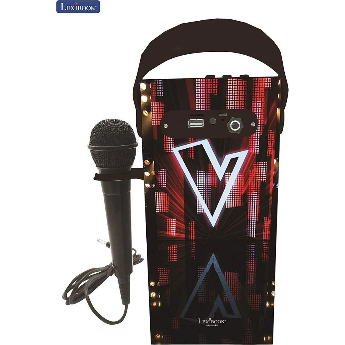 Altavoz karaoke negro con micrófono, asa y panel frontal decorativo.