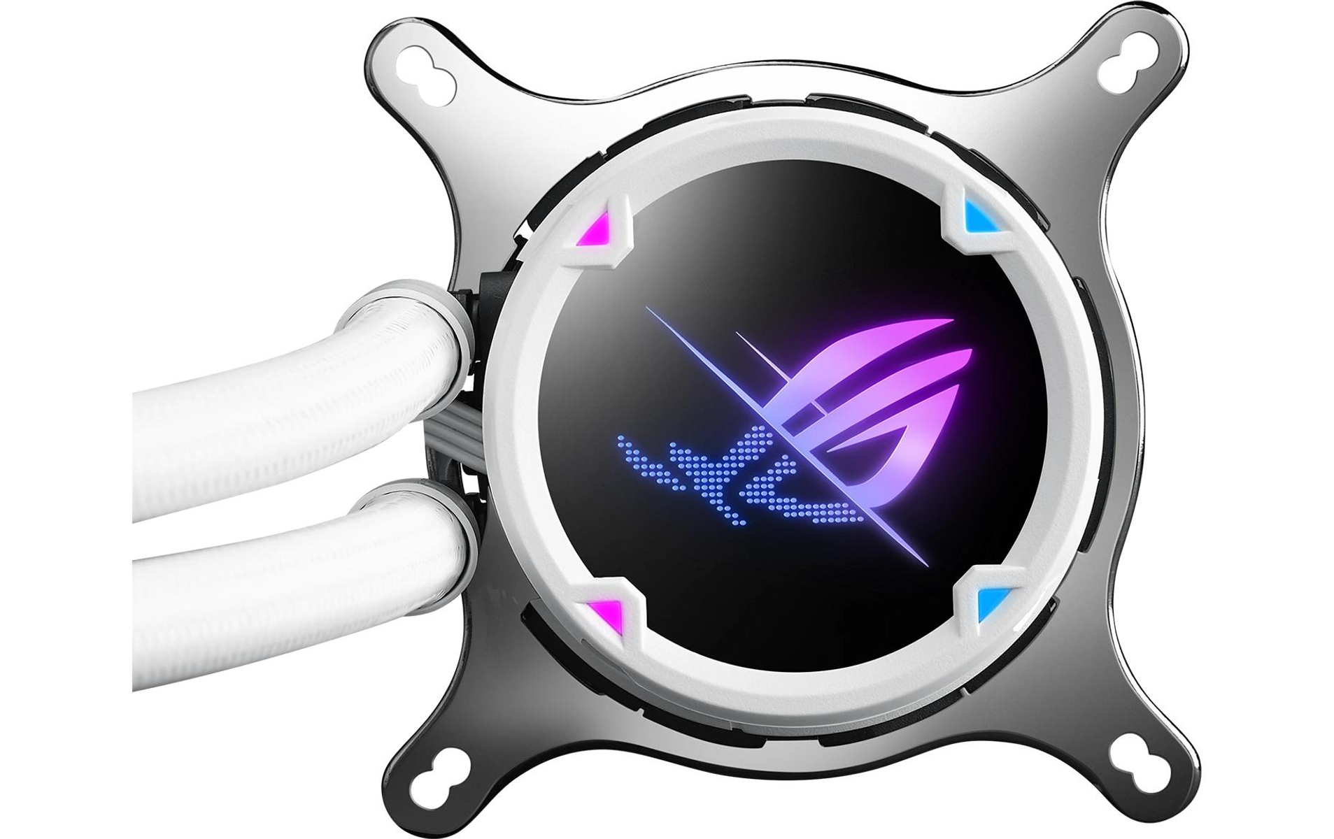 Zbliżenie chłodnicy procesora z okrągłym, podświetlanym logo i białymi rurkami.