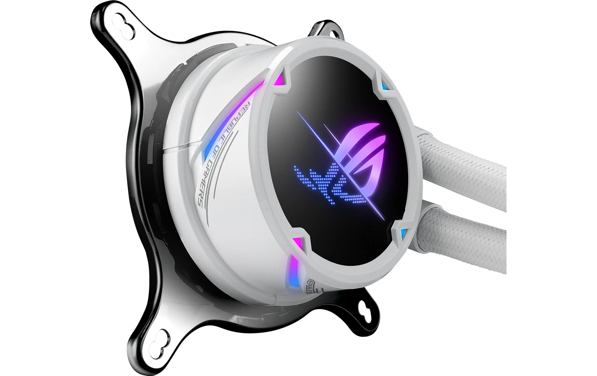 Biało-czarny chłodnica cieczy do komputera z podświetlonym logo ROG i rurkami.