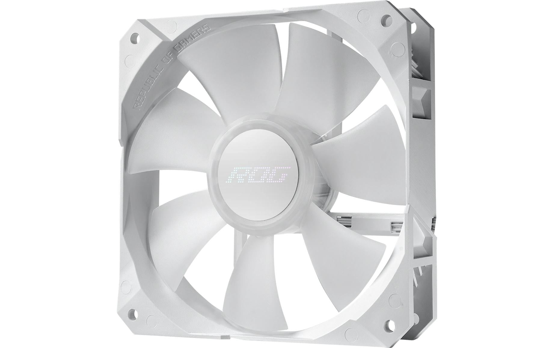 Biały wentylator komputerowy ROG z łopatkami i centralnym logo. Tło jest białe.