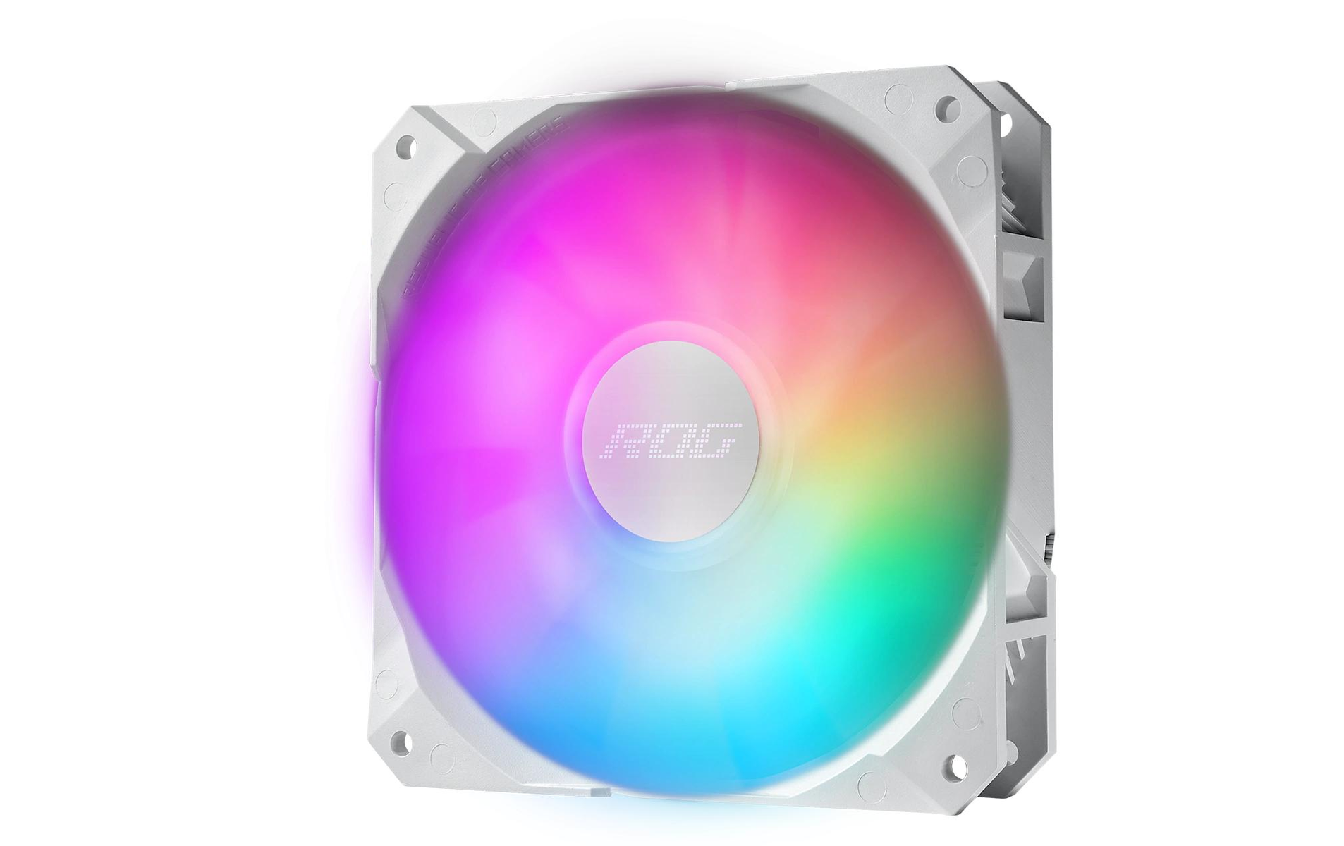 Biały wentylator komputerowy z wielokolorowymi światłami i logo ROG.