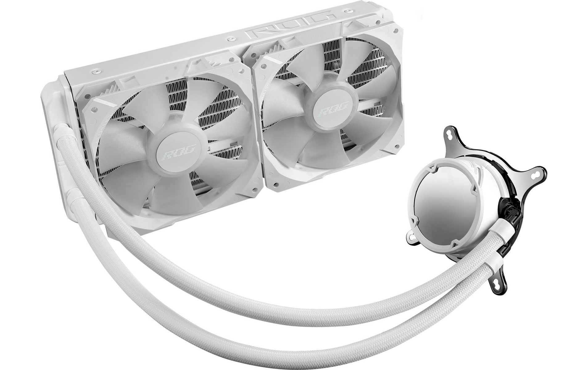 Białe chłodzenie wodne ROG z dwoma wentylatorami połączonymi z chłodnicą białymi rurkami.
