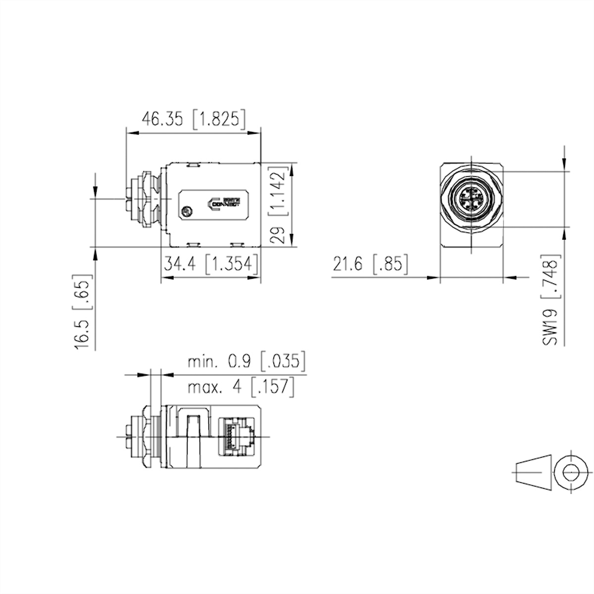Dessin technique d'un connecteur. Il montre les dimensions en millimètres et en pouces, avec plusieurs vues.
