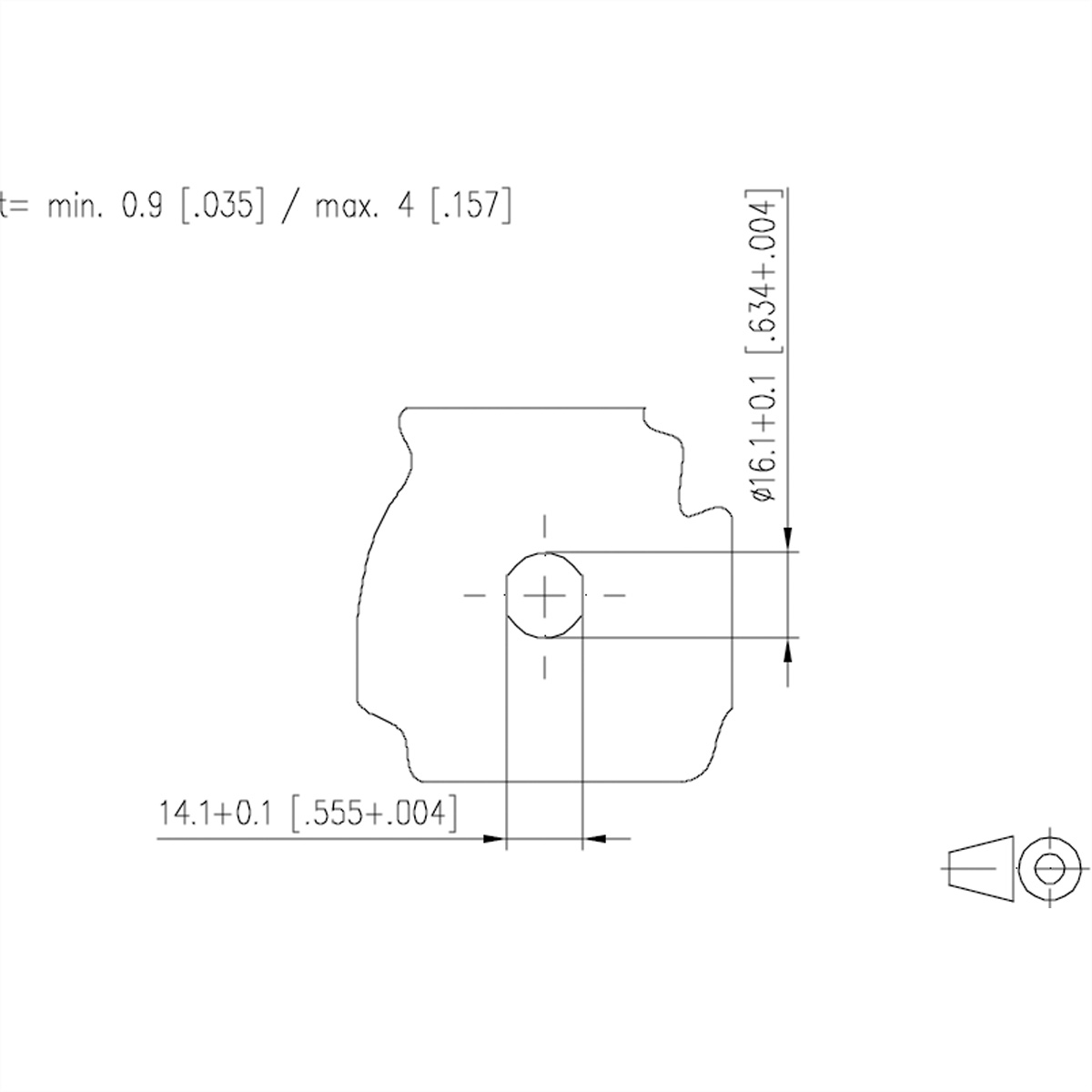 Dessin technique montrant une forme découpée avec dimensions et annotations.