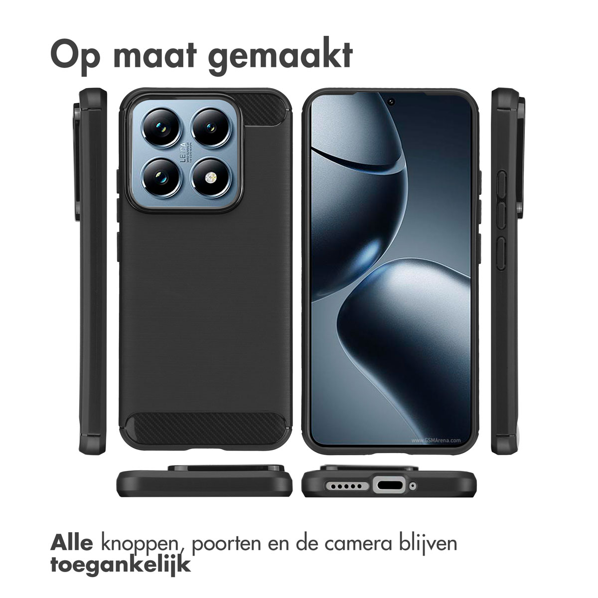 Telefoonhoesje met telefoon erin en verschillende weergaven van de hoes. Tekst: 'Op maat gemaakt'.
