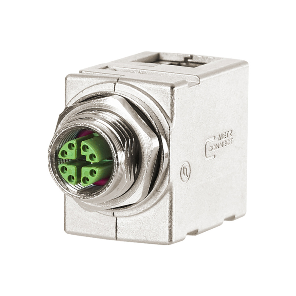 Un connecteur électrique argenté et vert. Il s'agit d'un petit composant carré avec plusieurs broches.
